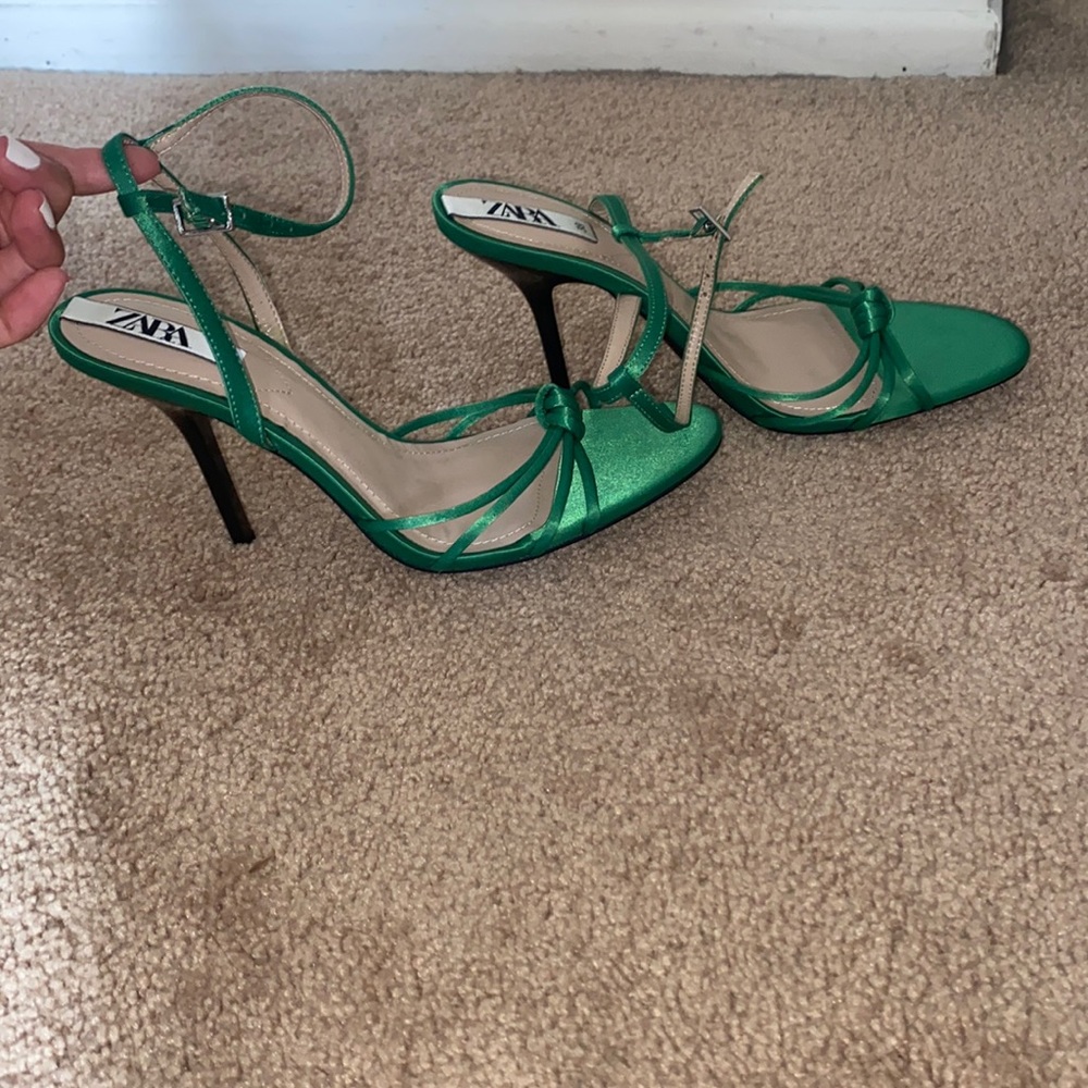 Green satin open toe heels , zara